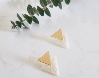 Blanche Earrings. Pearl White Double Triangle Earrings. White and Gold Acrylic Earrings.