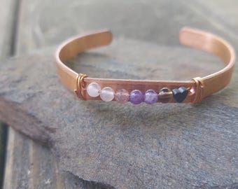 handmade copper amethyst and rose quartz boho cuff bracelet: protection gemstone jewelry