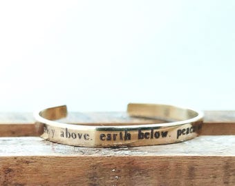 sky above engraved copper cuff bracelet: "sky above, earth below, peace within" Forest and Nature Lover Gift