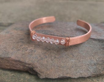 handmade copper + quartz cuff bracelet: meditation, self-care gift, protection, anxiety jewelry, birthday gift for her