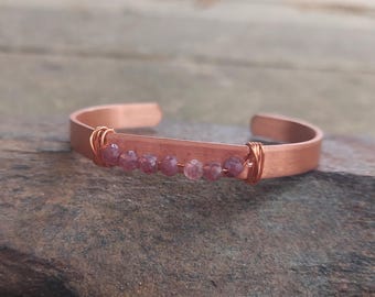 handmade copper + lepidolite cuff bracelet: meditation, self-care gift, protection, anxiety jewelry, birthday gift for her