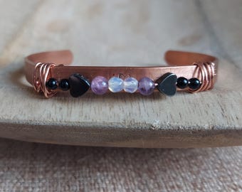 handmade empath protection copper cuff bracelet: amethyst, moonstone & onyx, birthday gift for her