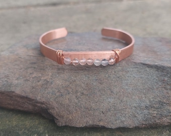 Boho Copper Fluorite Gemstone Cuff Bracelet: Adjustable Crystal Jewelry, birthday gift for her