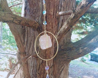 rose quartz suncatcher: crystal wind chime, boho home decor, birthday gift for her