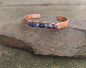 Handmade Copper Sodalite Cuff Bracelet, Protection Meditation Crystal Jewelry, birthday gift for her
