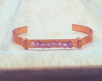 handmade copper and amethyst cuff bracelet: boho gemstone jewelry protection, self-care gift