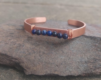 copper cuff bracelet with lapis lazuli gemstones: handmade wisdom, intuition, truth jewelry, birthday gift for her