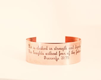 Proverbs 31:25 Copper Cuff Bracelet - Christian Scripture Jewelry, Inspirational Gift