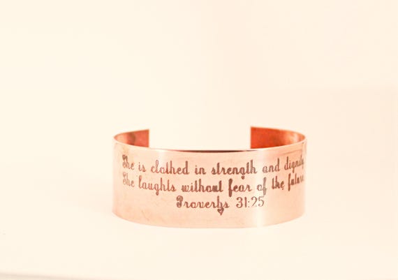 Proverbs 31:25 Copper Cuff Bracelet - Christian Scripture Jewelry, Inspirational Gift