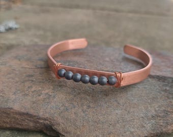 handmade copper + hematite cuff bracelet: meditation, self-care gift, protection, anxiety jewelry, birthday gift for her
