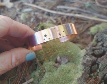 hand stamped copper Sagittarius birthday celestial cuff bracelet: handmade zodiac star constellation jewelry