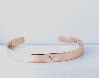 Handmade Copper Cuff Bracelet: Stamped Heart, Personalized Message