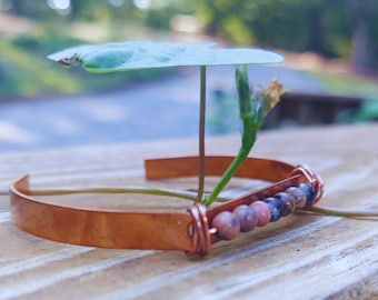 Handmade Copper Rhodonite Cuff Bracelet, Protection Meditation Jewelry