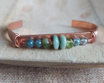 Copper Gemstone Bracelet: Jade, Peridot, Moss Agate, Minimalist Jewelry