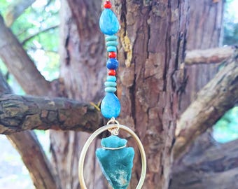 Crystal Suncatcher: Moss Agate, Turquoise, Coral Car Charm