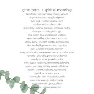 May include: A white background with the text "gemstones + spiritual meanings" and a list of gemstones with their associated meanings. The image includes a sprig of green leaves in the lower left corner.