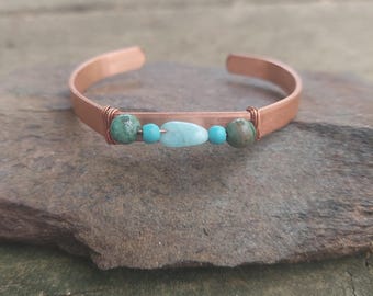 Handmade Copper Turquoise Bracelet, Anxiety Relief Jewelry, Healing Crystal Bracelet, Grounding, Stress Relief Gift, birthday gift for her