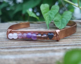 Handmade Copper Amethyst Rose Quartz Boho Cuff Bracelet: Protection Gemstone Jewelry