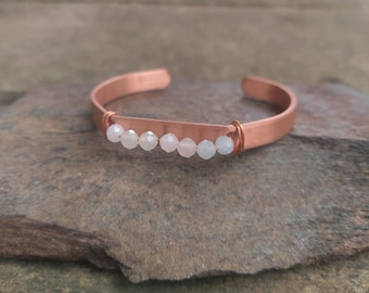 handmade copper + morganite cuff bracelet: meditation, self-care gift, protection, anxiety jewelry, birthday gift for her