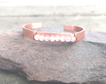 Handmade Copper Snow Quartz Cuff Bracelet: Meditation, Self-Care, Anxiety Relief
