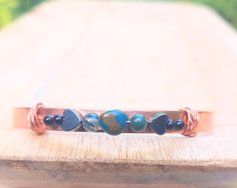 handmade copper grounding bracelet: chrysocolla, moss agate and onyx jewelry, birthday gift for her