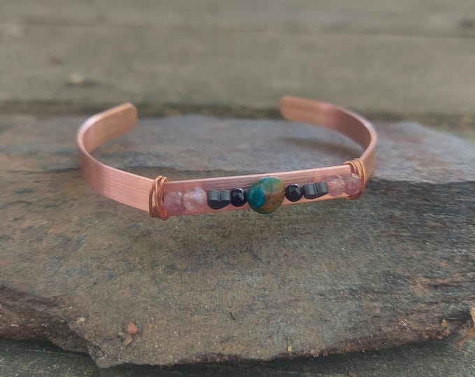 Featured listing image: copper REASSURANCE + CALM bracelet. chrysocolla. hematite. onyx. lepidolites. minimalist. adjustable. protection. serenity. willpower.