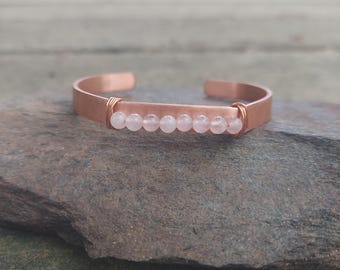 handmade copper + rose quartz cuff bracelet: meditation, self-care gift, protection, anxiety jewelry, birthday gift for her
