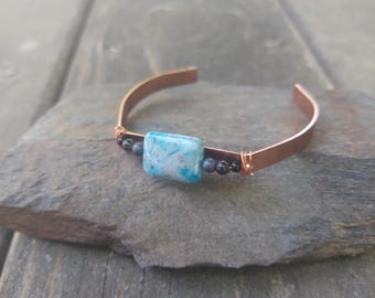 Handmade Copper Turquoise Hematite Smoky Quartz Bracelet, Grounding Calming Jewelry