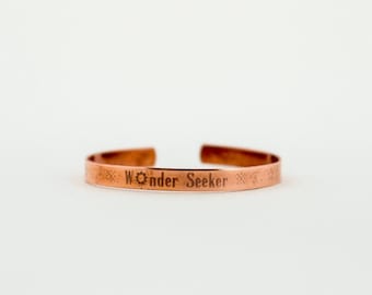 wonder seeker copper cuff bracelet: forest and nature lover engraved quote jewelry