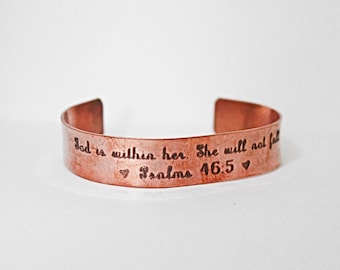 Psalms 46:5 handmade copper cuff bracelet, personalized jewelry, gift for mom