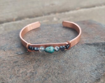 handmade copper grounding bracelet: chrysocolla, moss agate and onyx jewelry, birthday gift for her