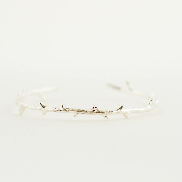 Crown Of Thorns, Minimalist Simple Tree Branch Bracelet, Silver Plated, Layering Bracelet, Deer Antler, Stackable Bangle, Tiny Tree Branch