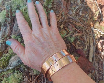 hand stamped copper Aquarius birthday celestial cuff bracelet: handmade zodiac star constellation jewelry