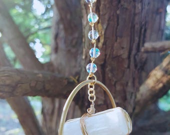 birthday gift for sister: selenite aura quartz suncatcher with crystals, home decor wind chime
