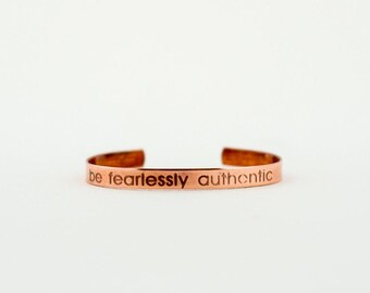 fearlessly authentic engraved copper cuff bracelet: self-care, mental health, gift for her