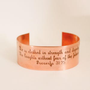 Proverbs 31:25 Copper Cuff Bracelet - Christian Scripture Jewelry, Inspirational Gift image 2