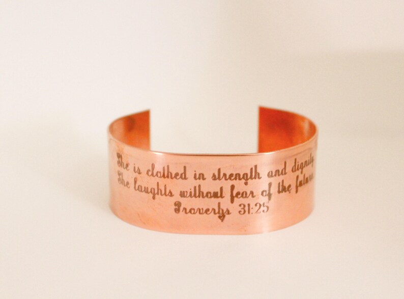 Proverbs 31:25 Copper Cuff Bracelet - Christian Scripture Jewelry, Inspirational Gift image 2