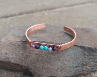 Raw Copper Amethyst Turquoise Bracelet, Grounding Anxiety Relief Jewelry