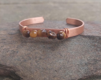 Handmade Copper Tiger's Eye Cuff Bracelet: Boho Protection Gemstone Jewelry, birthday gift for her