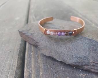 Handmade Copper Amethyst Rose Quartz Boho Cuff Bracelet: Protection Gemstone Jewelry, birthday gift for her