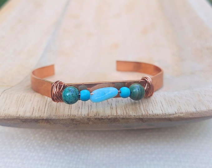 Featured listing image: copper TRUTH + WISDOM bracelet. amazonite. turquoise. moss agate. minimalist. adjustable. emotional healing crystals. nature jewelry.