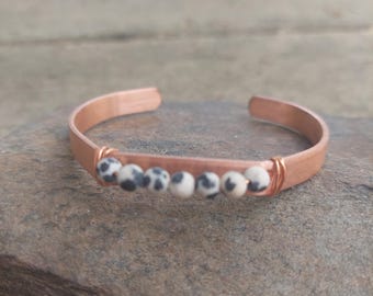 handmade copper + dalmation jasper cuff bracelet: meditation, self-care gift, protection, anxiety jewelry, birthday gift for her