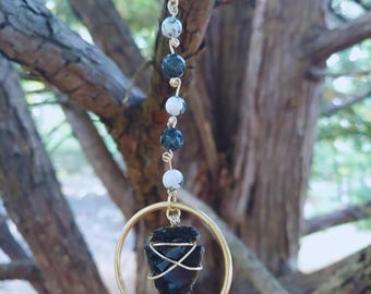 Obsidian Arrowhead Suncatcher: Labradorite & Howlite Crystal Prism Wind Chime
