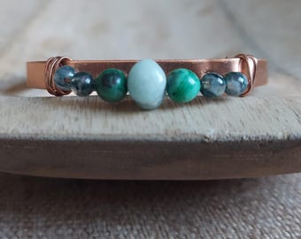 copper handmade chrysocolla cuff bracelet: amazonite, chrysocolla & moss agate, birthday gift for friend or sister