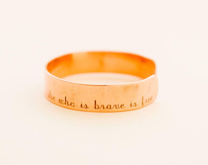 Featured listing image: she who is brave is free engraved copper cuff bracelet: handmade personalized gift for her