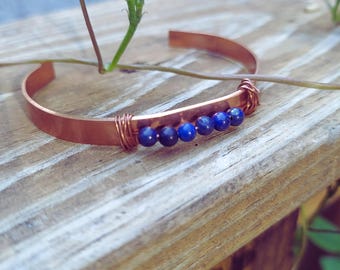 copper cuff bracelet with lapis lazuli gemstones: handmade wisdom, intuition, truth jewelry