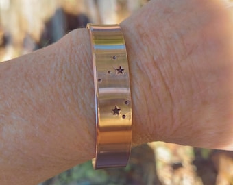 hand stamped copper Libra birthday celestial cuff bracelet: handmade zodiac star constellation jewelry