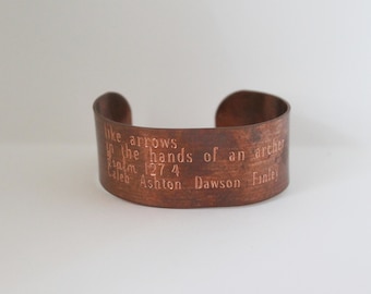 gift for mom Psalm 127 handmade copper cuff bracelet: Christian personalized jewelry