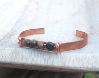Handmade Copper Tiger's Eye Cuff Bracelet: Boho Protection Gemstone Jewelry