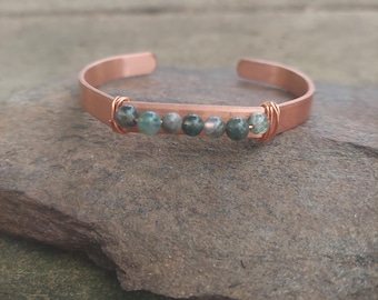 Handmade Copper Moss Agate Cuff Bracelet: Meditation, Self-Care, Anxiety Relief